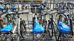 Fahrräder, deren Sättel mit einem Stadtradeln-Sattelschutz verpackt sind.